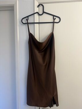 Brown Satin Cowl Slip Dress - Women's